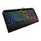 Schwarze Sharkoon Gaming-Tastatur Skiller mit RGB-Beleuchtung und integrierter Handballenauflage vor weißem Hintergrund.