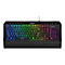 Schwarze Sharkoon Gaming-Tastatur mit bunter RGB-Beleuchtung und integrierter Handballenauflage vor weißem Hintergrund.