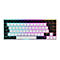 Kompakte Gaming-Tastatur mit weiß-schwarzen Tasten und bunter RGB-Beleuchtung vor weißem Hintergrund.