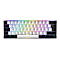 Kompakte Gaming-Tastatur mit weißem Gehäuse, schwarzen Randtasten und regenbogenfarbener RGB-Beleuchtung.