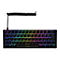 Kompakte schwarze Gaming-Tastatur mit RGB-Beleuchtung und einem gewickelten USB-Kabel auf weißem Hintergrund.
