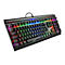 Schwarze Gaming-Tastatur mit RGB-Beleuchtung, Tasten mit weißen Buchstaben. Ein Kabel ist oben angeschlossen.