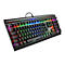 Schwarze Gaming-Tastatur mit farbiger Hintergrundbeleuchtung, Ansicht von oben und leicht diagonal. Tasten mit Buchstaben, Zahlen und Symbolen beschriftet.