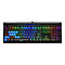 Schwarze Gaming-Tastatur mit RGB-Beleuchtung. Die Tasten sind in verschiedenen Farben beleuchtet. Oben steht "SKILLER".