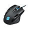Schwarze Gaming-Maus mit blauer LED-Beleuchtung vor weißem Hintergrund.