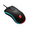 Schwarze Gaming-Maus mit RGB-Beleuchtung. Ein Flammenlogo leuchtet rot.