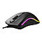 Schwarze Gaming-Maus mit RGB-Beleuchtung. Auf der Oberseite sind eine Taste und ein Scrollrad zu sehen.