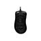 Schwarze Gaming-Maus von unten mit Herstellerlogo und technischen Details. Sie hat ein Kabel.