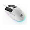 Weiße Gaming-Maus mit schwarzem Mausrad und Tasten sowie RGB-Beleuchtung vor weißem Hintergrund.
