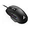 Schwarze, ergonomische Gaming-Maus mit Kabel, seitlichen Tasten und dezentem Logo vor weißem Hintergrund.