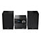 Schwarzes Sharp Audiosystem mit zwei Lautsprechern und zentralem Player, Display zeigt Bluetooth verbunden.