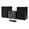 Schwarze Sharp Kompaktanlage mit zwei Lautsprechern, Displayanzeige Bluetooth Connected und Fernbedienung.