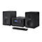 Schwarze Sharp HiFi-Anlage mit zwei Lautsprechern, zentraler Haupteinheit, Displayanzeige Bluetooth Connected und Fernbedienung.