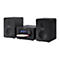 Schwarze Sharp Hi-Fi-Stereoanlage mit zwei Lautsprechern und offenem CD-Fach vor neutralem Hintergrund.