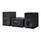 Schwarze Sharp Hi-Fi-Stereoanlage mit zwei Lautsprechern und zentralem Player mit Digitaldisplay.
