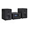 Schwarze Sharp Hi-Fi-Anlage mit zwei Lautsprechern und zentralem Display, das Bluetooth Connected anzeigt.