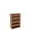 A brown bookcase with five shelves against a white background.