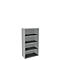 Grey bookshelf with four open compartments on a white background.