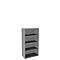 Gray bookcase with four compartments against a white background.