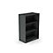 Dark gray bookshelf with three open compartments. It stands against a white background.