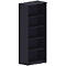 Dark blue bookcase with five shelves. Angular design, plain background.