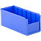 Blue, rectangular plastic bin with a ribbed back, open at the front.