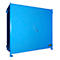 Blue painted cabinet with double doors and handle. Stands on feet, on the ground. Top right a logo.