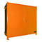An orange metal cabinet, slightly angled, with door and handle, isolated on white background.