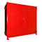 Red, rectangular cabinet. It has a door with a small lock. The top has eyelets and the feet are red.
