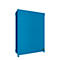 Blue, standing steel cabinet with double doors, handle and feet, against a white background.