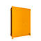 Yellow steel cabinet with two doors, one handle, on a white background.