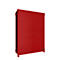 Red metal cabinet with two doors against a white background. A handle is visible in the center.