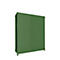 Green cabinet on a white background. The cabinet has a double door, a door handle and stands on metal feet.