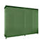 Green metal shed with vertical grooves and door.