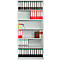 Grey shelving unit filled with files, books, and loose paper. Some files are red, others black or white with green or white labels.