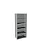 Gray, upright bookshelf with five compartments, against a white background.