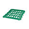 Green, rectangular plastic pallet with rectangular openings and supports. The pallet is slightly angled.