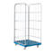 A metal cage trolley with a blue base and silver frame. It has white wheels.