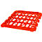 An orange perforated plastic pallet composed of various geometric shapes.