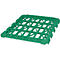 Green plastic pallet with rectangular openings. The structure is repetitive and stackable.