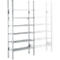 Metal shelving unit with multiple shelves, isolated against a white background.
