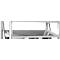 Metal shelf with sloping shelves, against a white background.