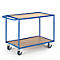 A blue transport trolley with two shelves and castors.