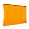 A yellow, corrugated container with doors and feet, against a white background.