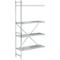 A silver metal rack with four perforated shelves. Blue rubber studs are attached to the corners.