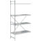 A metal shelving system, consisting of four shelves, with a diagonal bracing.