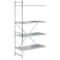 Silver shelf with four perforated shelves and support struts.