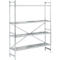 A silver metal shelf with four shelves, diagonal struts, and perforated shelves.