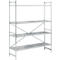 Stainless steel shelf with three shelves and perforated sheet metal. Gray metal structure. Horizontal view.
