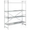 A silver metal shelf with three perforated shelves stands against a white background.